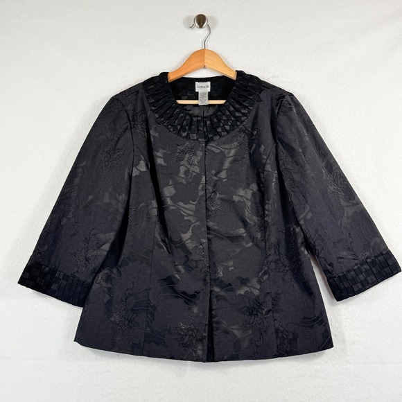 Chico's Jackets & Blazers - Chicos Jacket Women 2 Large Black Floral Jacquard Pleated Trim Classic Elegant